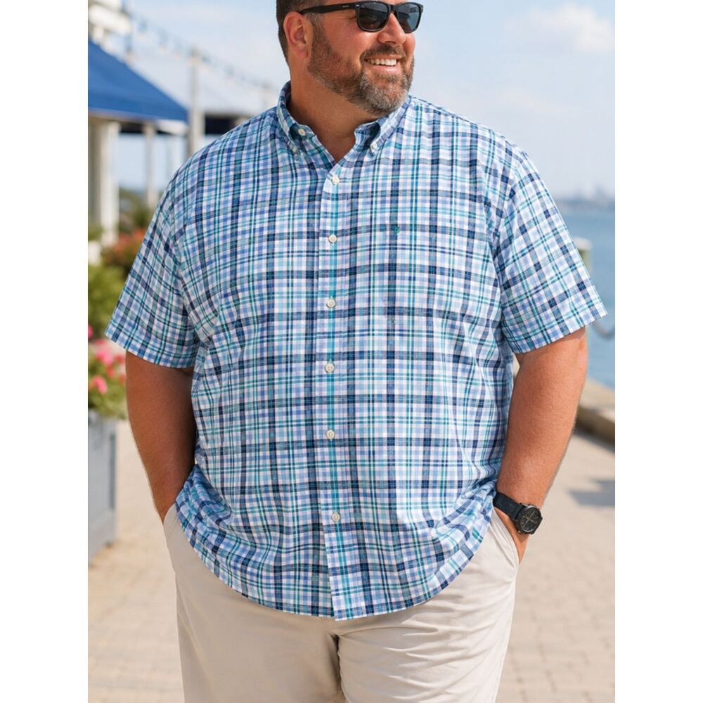 IZOD Saltwater Men's Plaid Button Down Shirt 2XL Blue Cotton Short Sleeve Casual